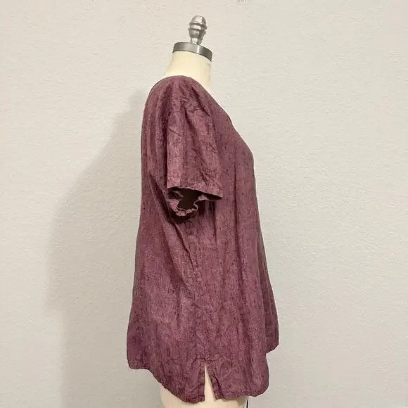 FLAX Tunic Top Burgundy Relaxed Fit Boxy Linen SS Minimalist Lagenlook - Picture 5 of 9